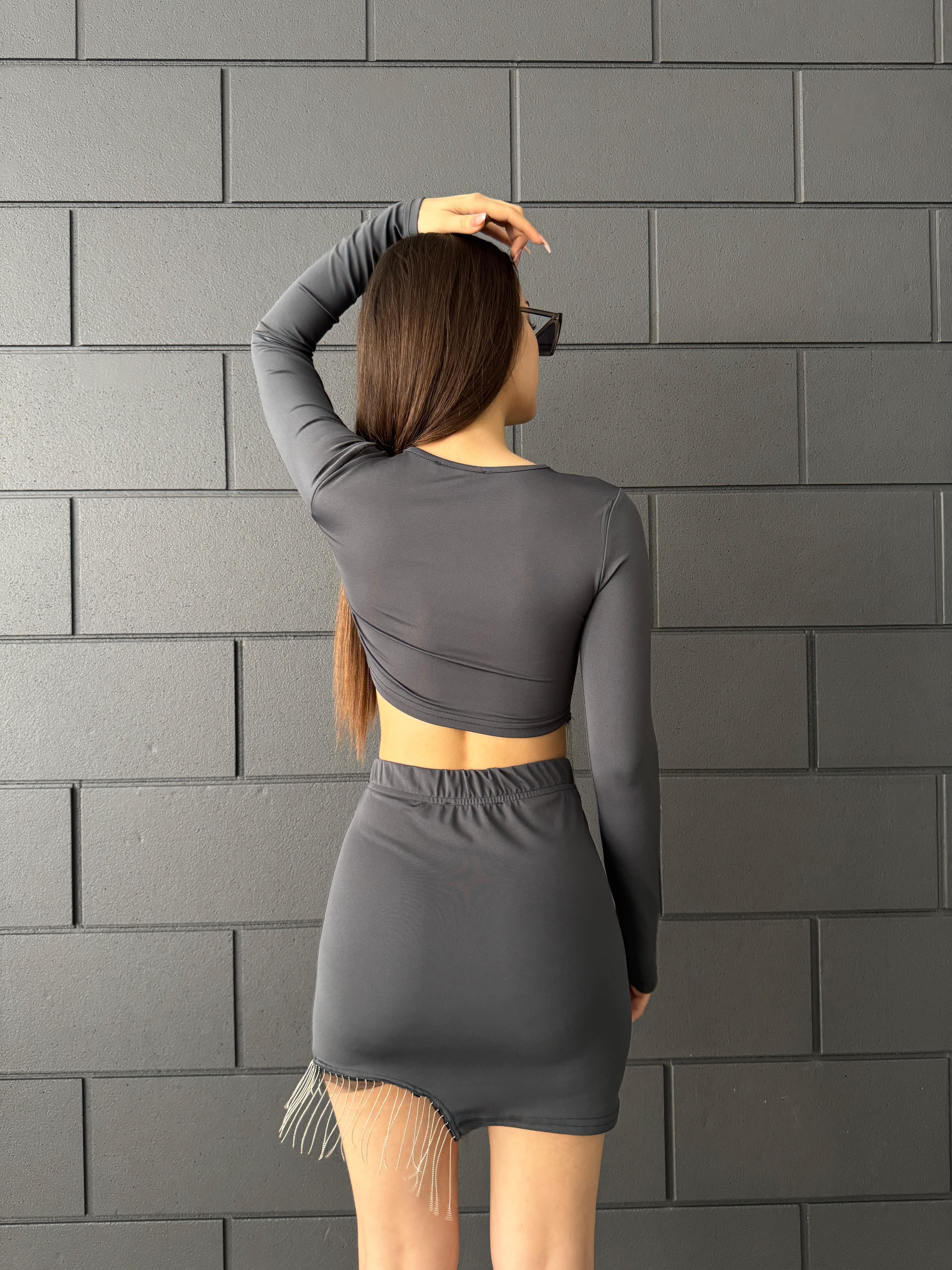 Antrasit Zincir Saçaklı Etek Crop Takım