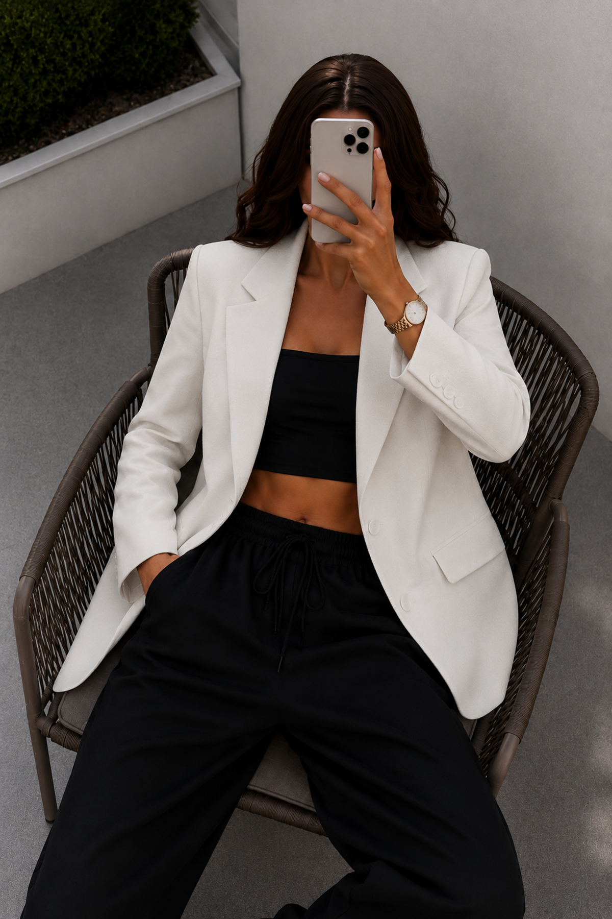 Beyaz Lazer Kesim Oversize Blazer Ceket