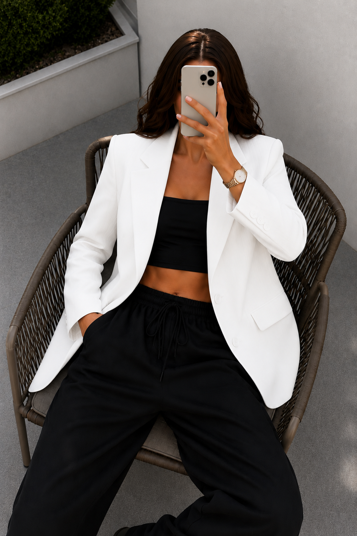 Beyaz Lazer Kesim Oversize Blazer Ceket