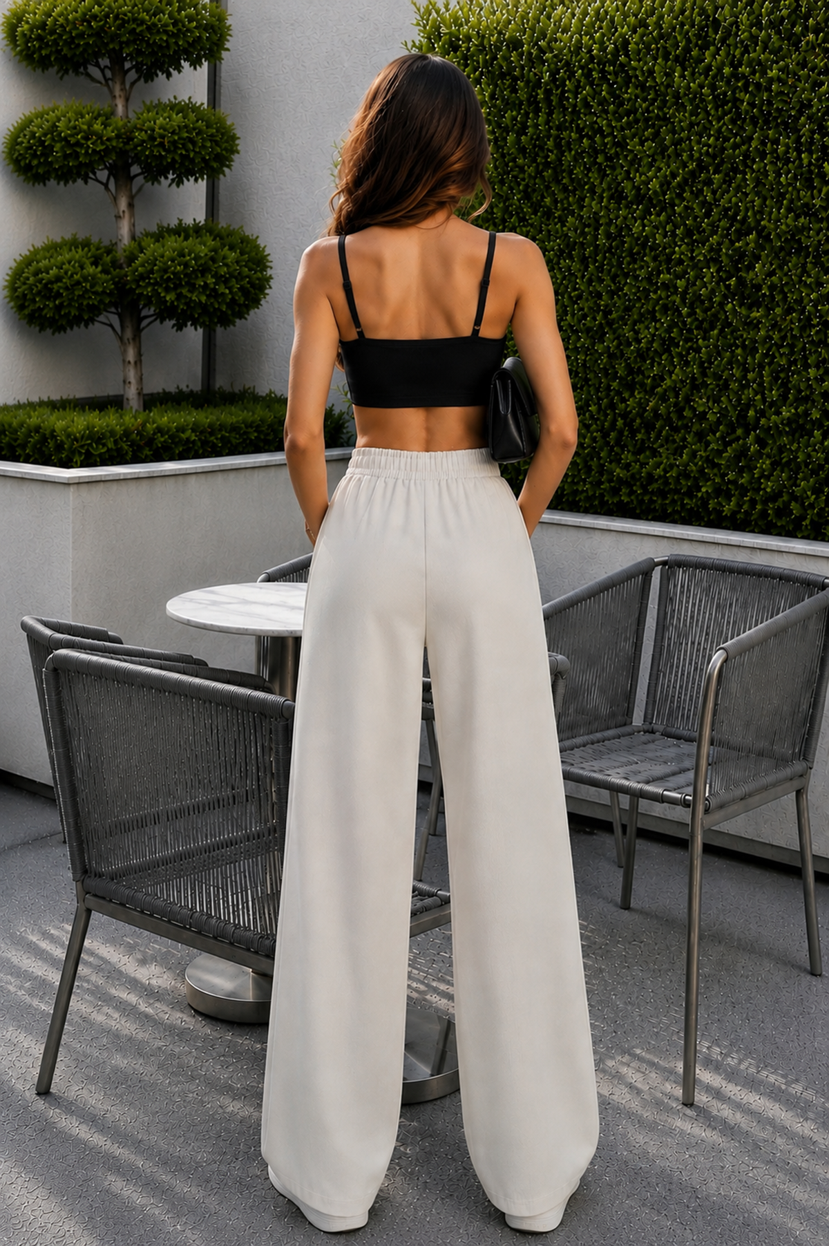 Beyaz Palazzo Beli Lastikli Pantolon Oversize Orjinal Kesim