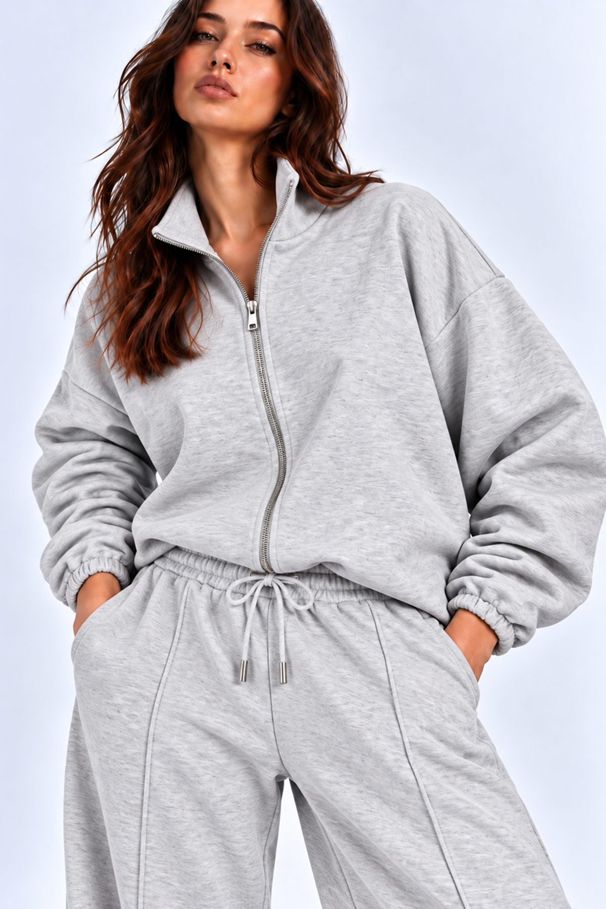 GRİ 3 Iplik Içi Şardonlu Dik Yaka Demir Fermuarlı Oversize Sweatshirt
