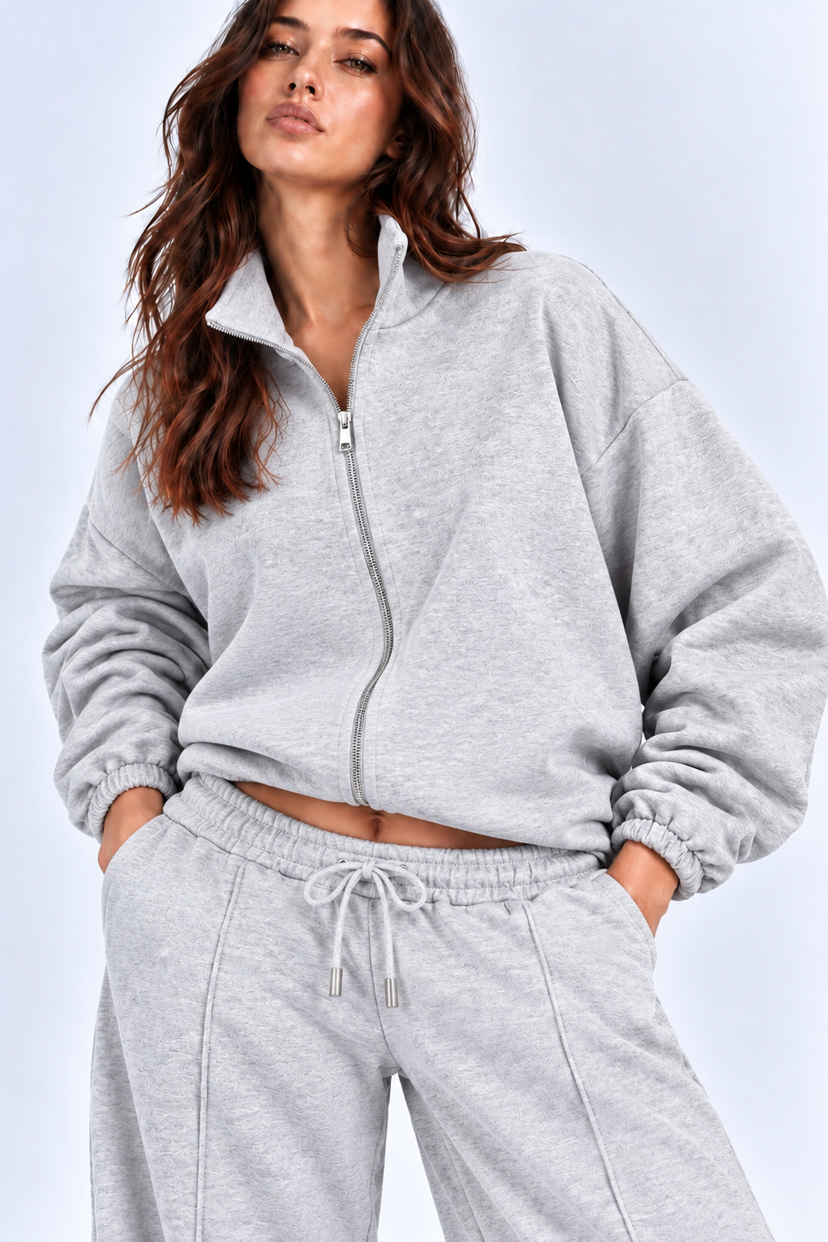 GRİ 3 Iplik Içi Şardonlu Dik Yaka Demir Fermuarlı Oversize Sweatshirt