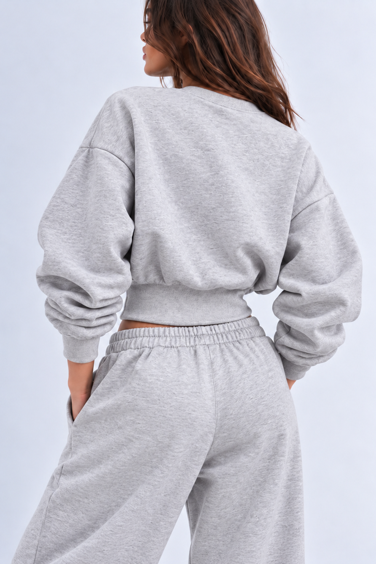 GRİ 3 Iplik İçi Şardonlu Kuşaklı Crop Sweatshirt