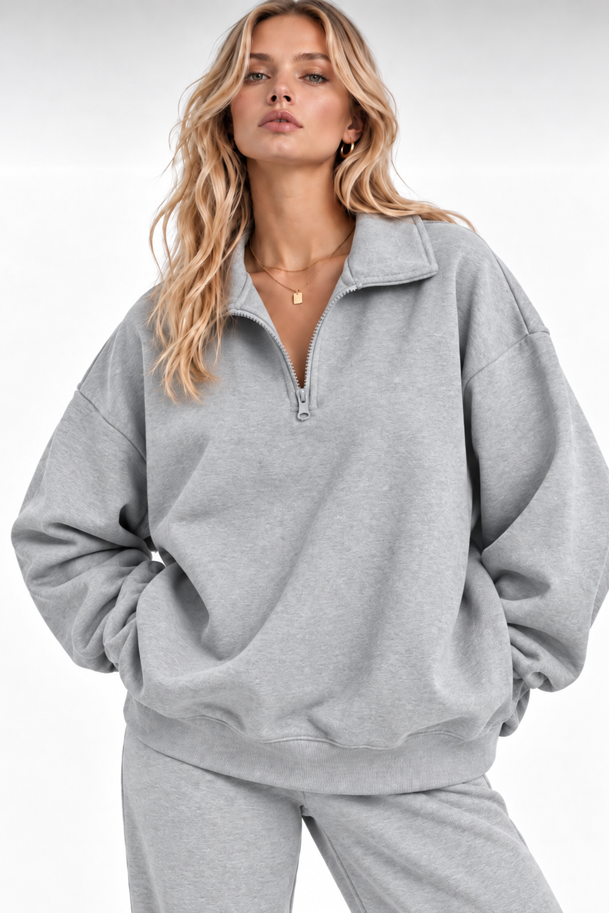 Gri Fermuarlı Polo Yaka 3 İplik Şardonlu Sweat