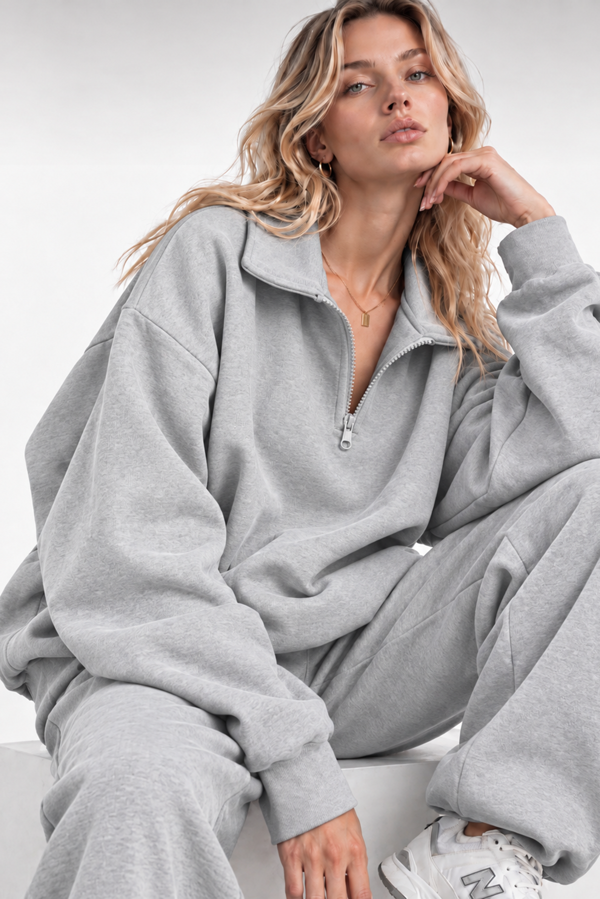 Gri Fermuarlı Polo Yaka 3 İplik Şardonlu Sweat