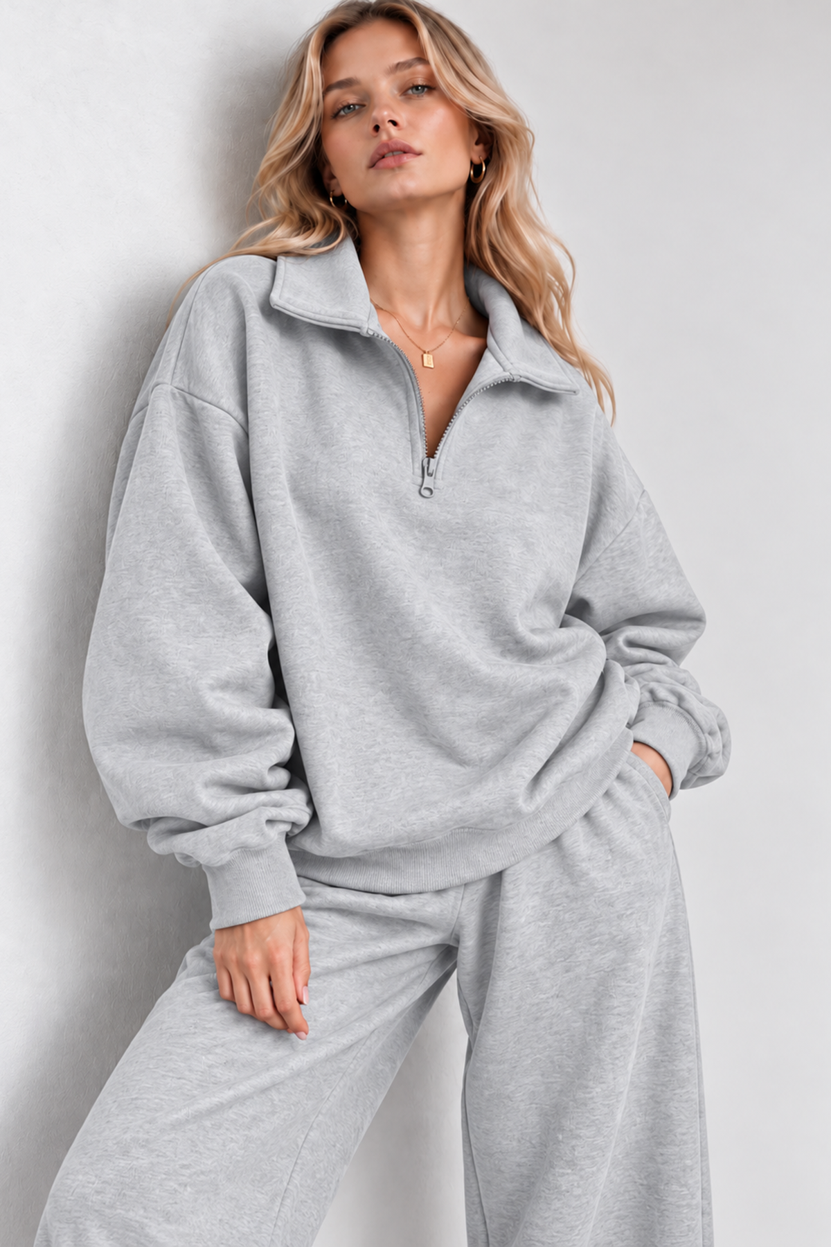 Gri Fermuarlı Polo Yaka 3 İplik Şardonlu Sweat