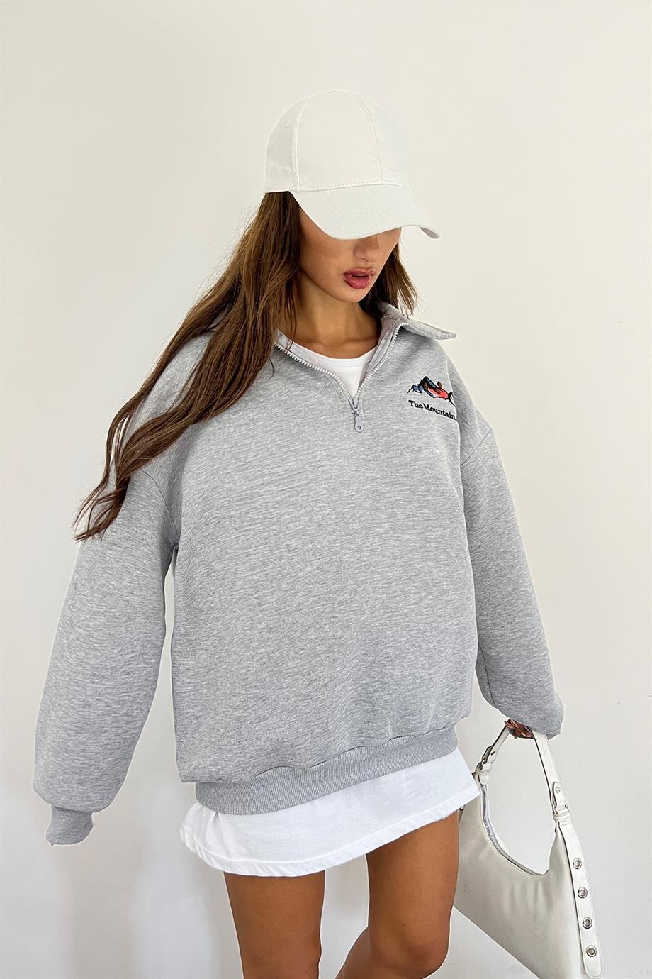 Gri The Montein Park Baskılı Fermuarlı Polo Yaka 3 İplik Şardonlu Sweat