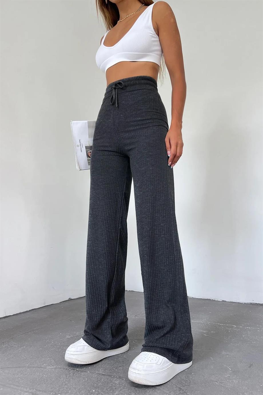 Hera Moda Kadın Antrasit Fitilli Kaşkorse Pantolon/Eşofman