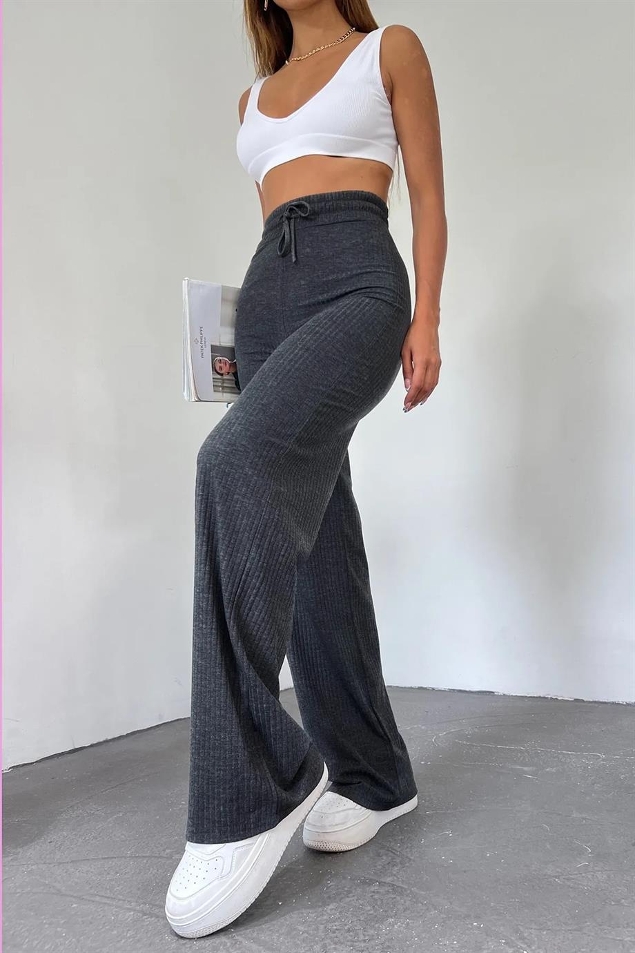 Hera Moda Kadın Antrasit Fitilli Kaşkorse Pantolon/Eşofman