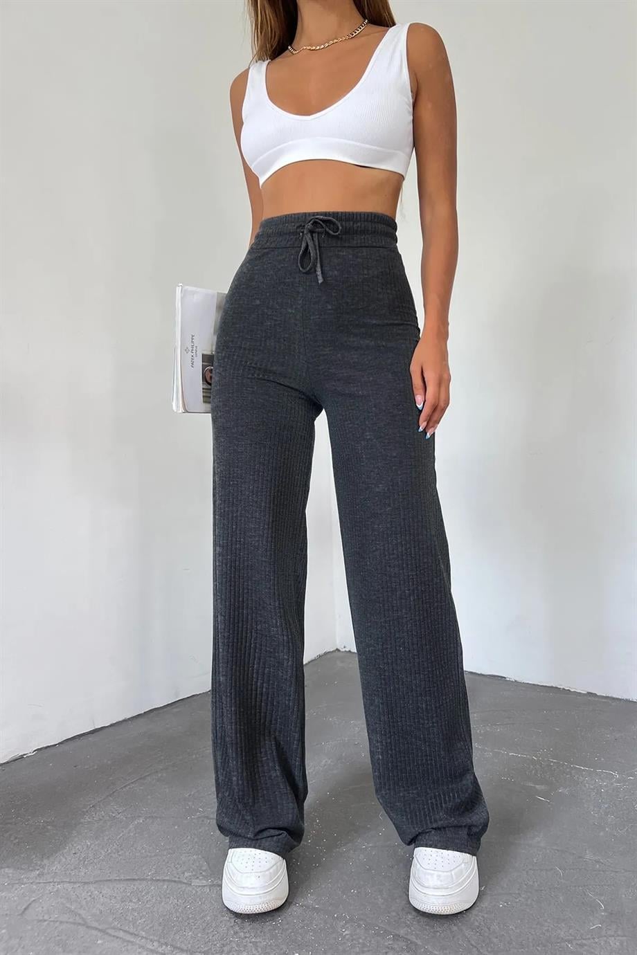 Hera Moda Kadın Antrasit Fitilli Kaşkorse Pantolon/Eşofman