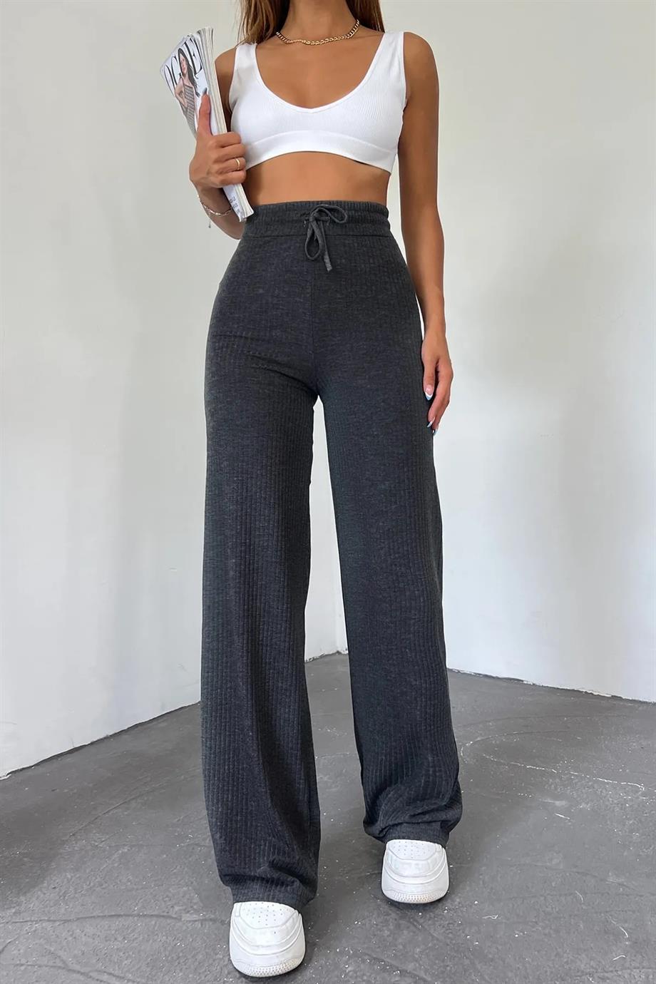 Hera Moda Kadın Antrasit Fitilli Kaşkorse Pantolon/Eşofman