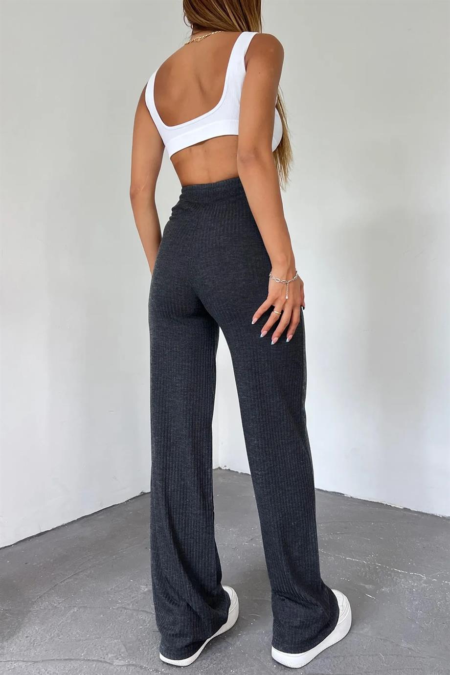 Hera Moda Kadın Antrasit Fitilli Kaşkorse Pantolon/Eşofman