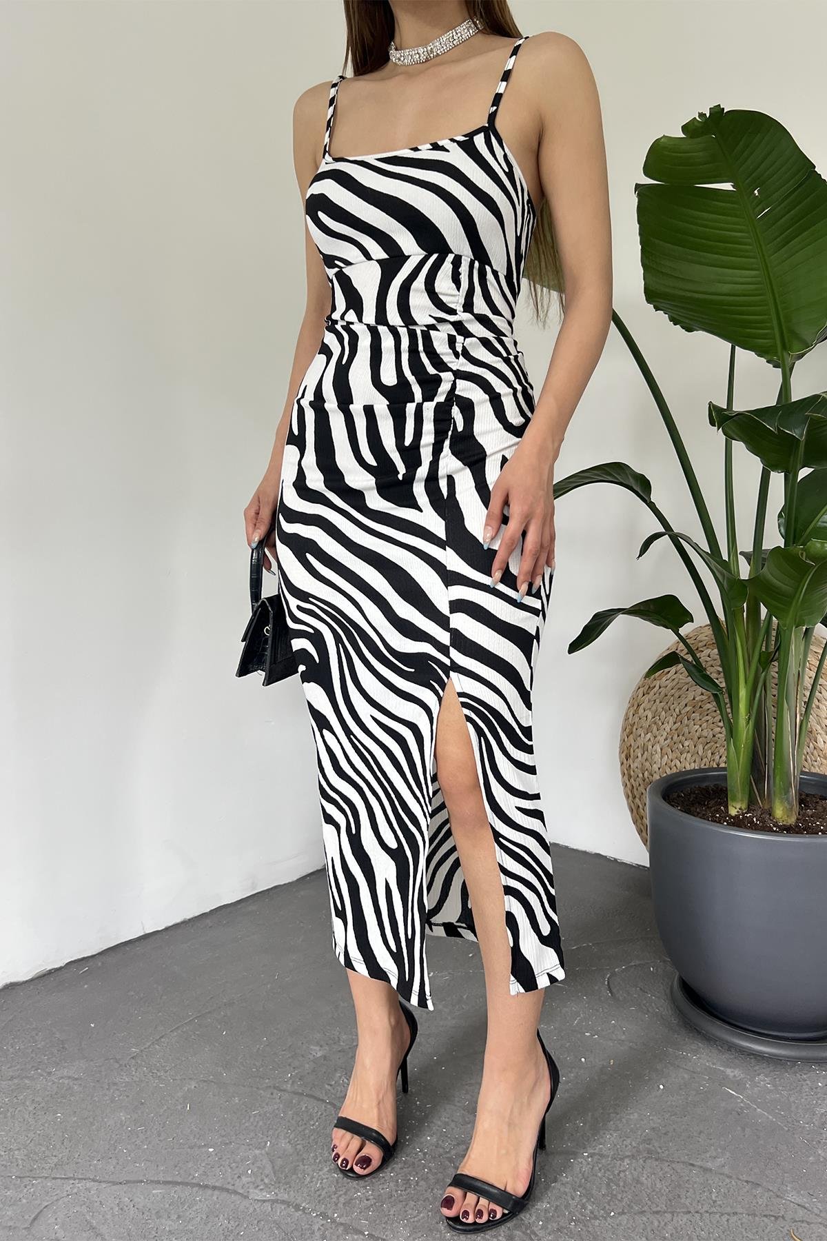 Hera Moda Kadın Bürümcük Zebra Desenli Yırtmaçlı Elbise
