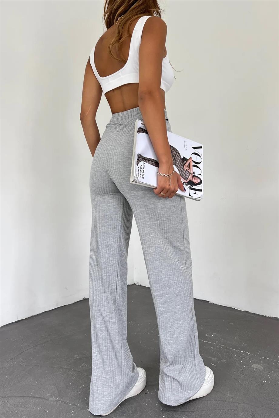 Hera Moda Kadın Gri Fitilli Kaşkorse Eşofman/Pantolon