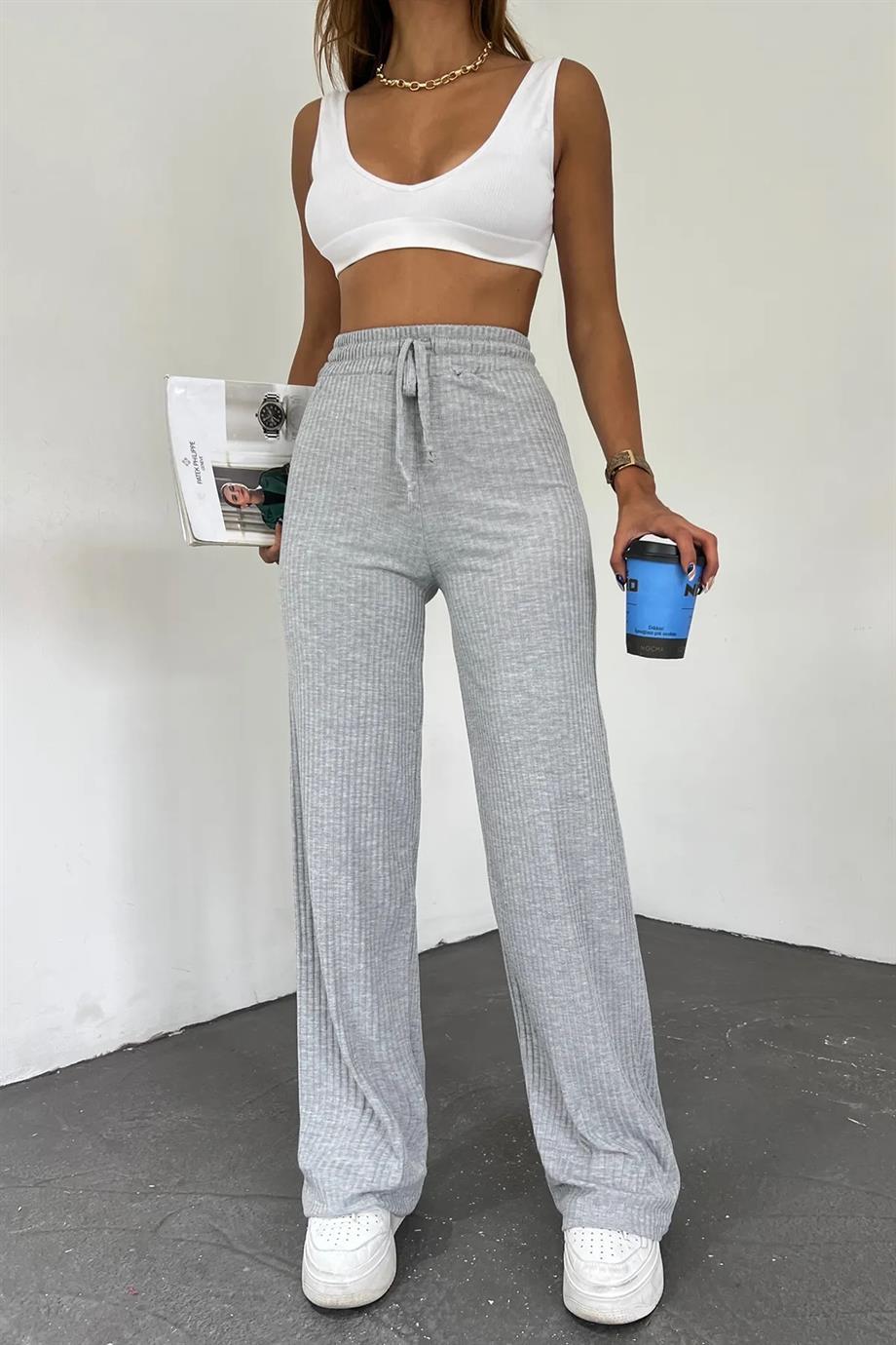 Hera Moda Kadın Gri Fitilli Kaşkorse Eşofman/Pantolon