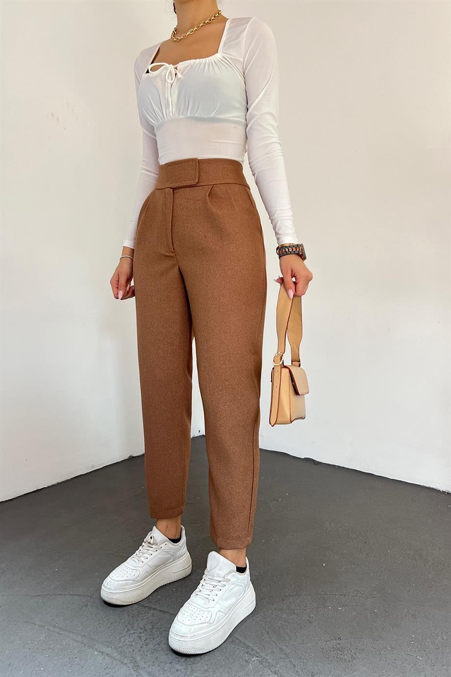 Hera Moda Kadın Kahve Dar Paça Cırtlı Kışlık Pantolon