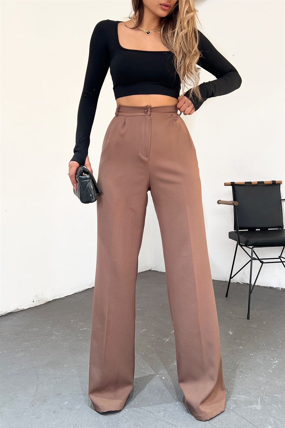 Hera Moda Kadın Kahverengi Pallazzo Kumaş Pantolon