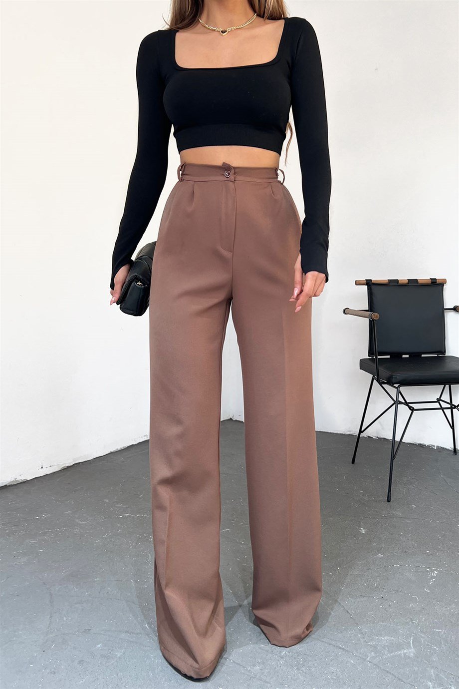 Hera Moda Kadın Kahverengi Pallazzo Kumaş Pantolon