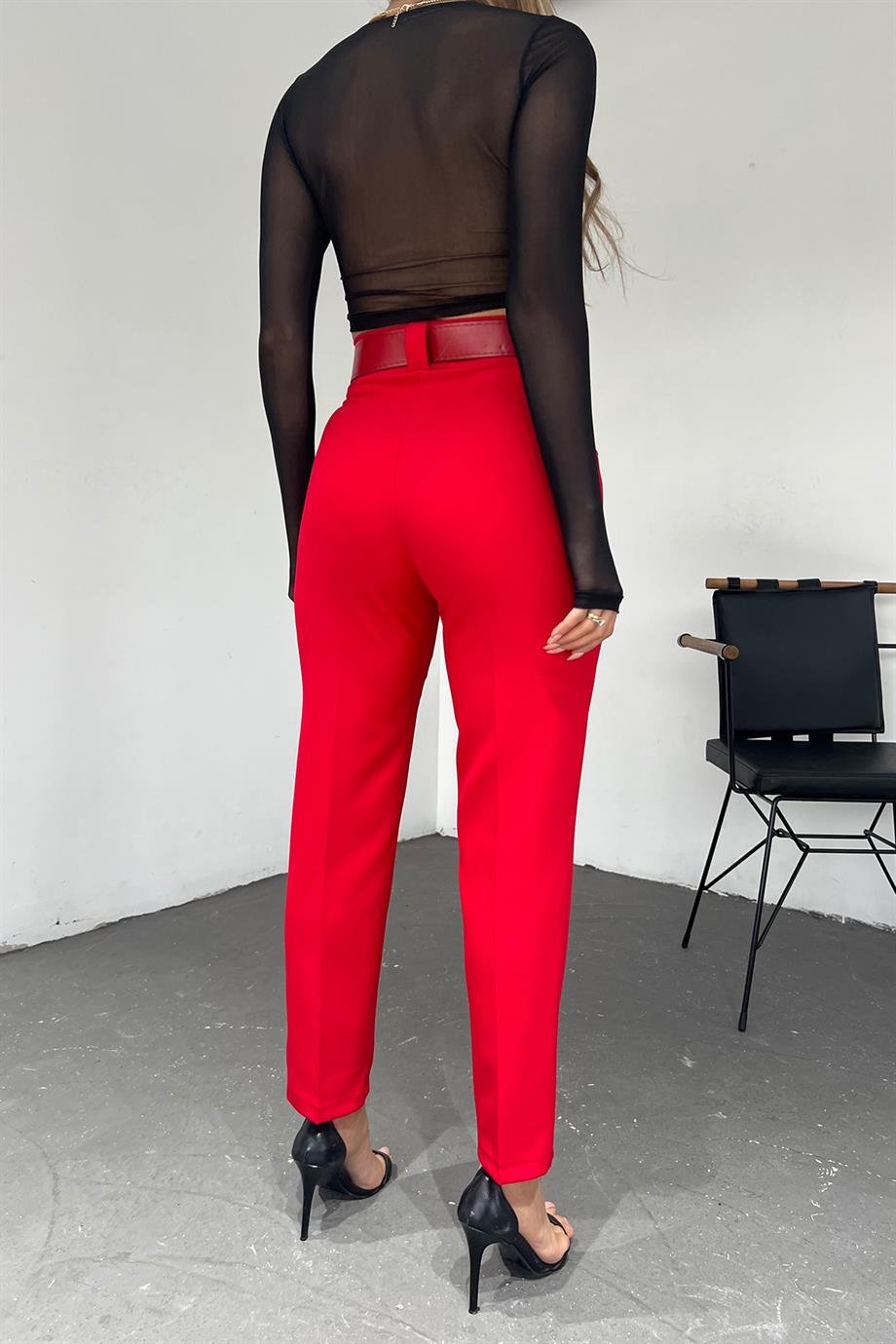 Hera Moda Kadın Kırmızı Double Paça O Kemer Pantolon