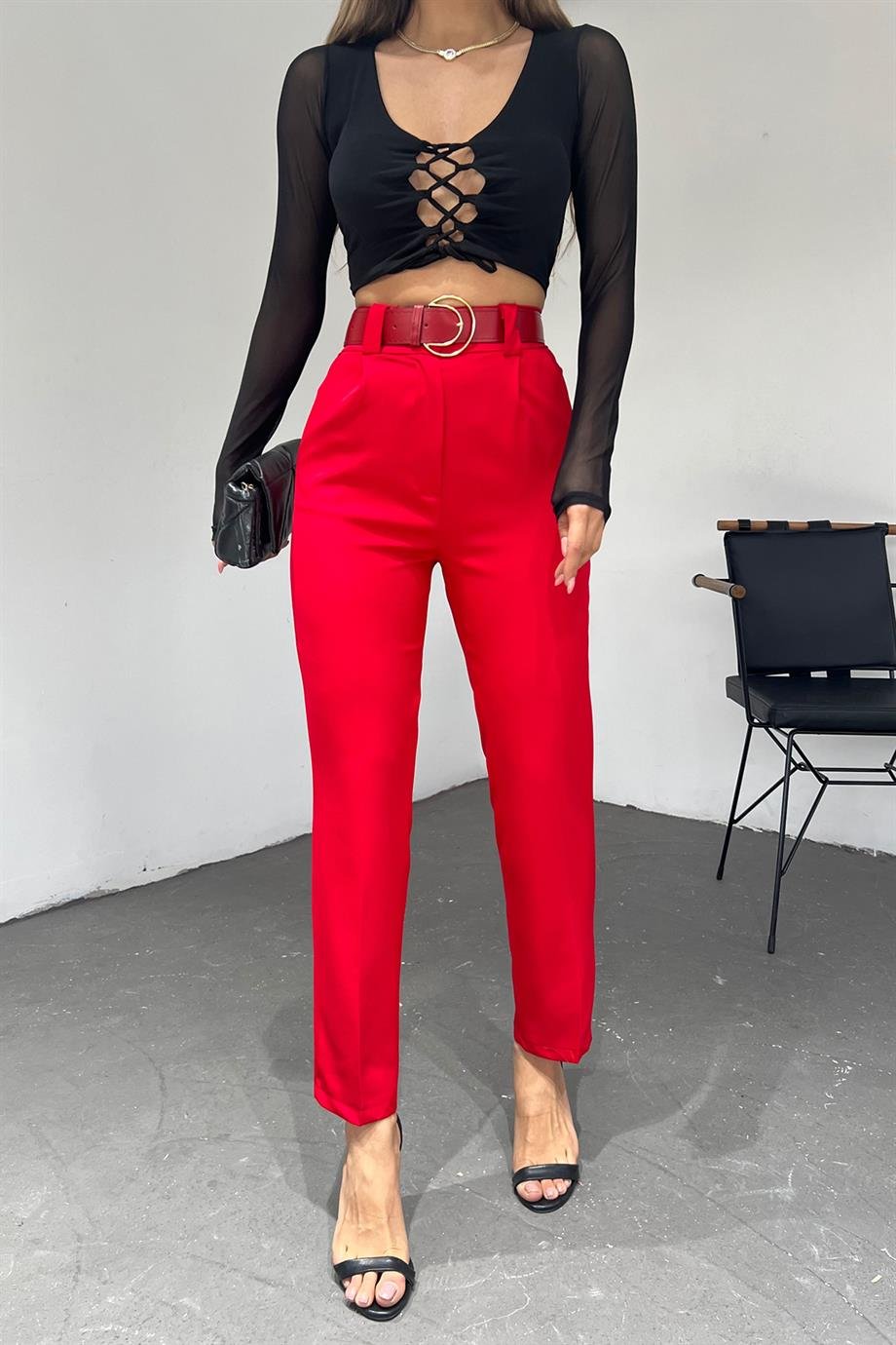 Hera Moda Kadın Kırmızı Double Paça O Kemer Pantolon