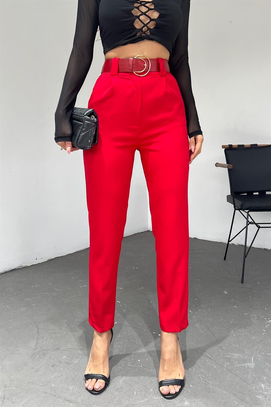 Hera Moda Kadın Kırmızı Double Paça O Kemer Pantolon