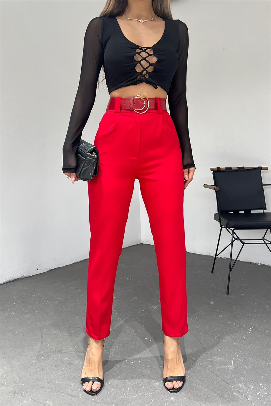Hera Moda Kadın Kırmızı Double Paça O Kemer Pantolon
