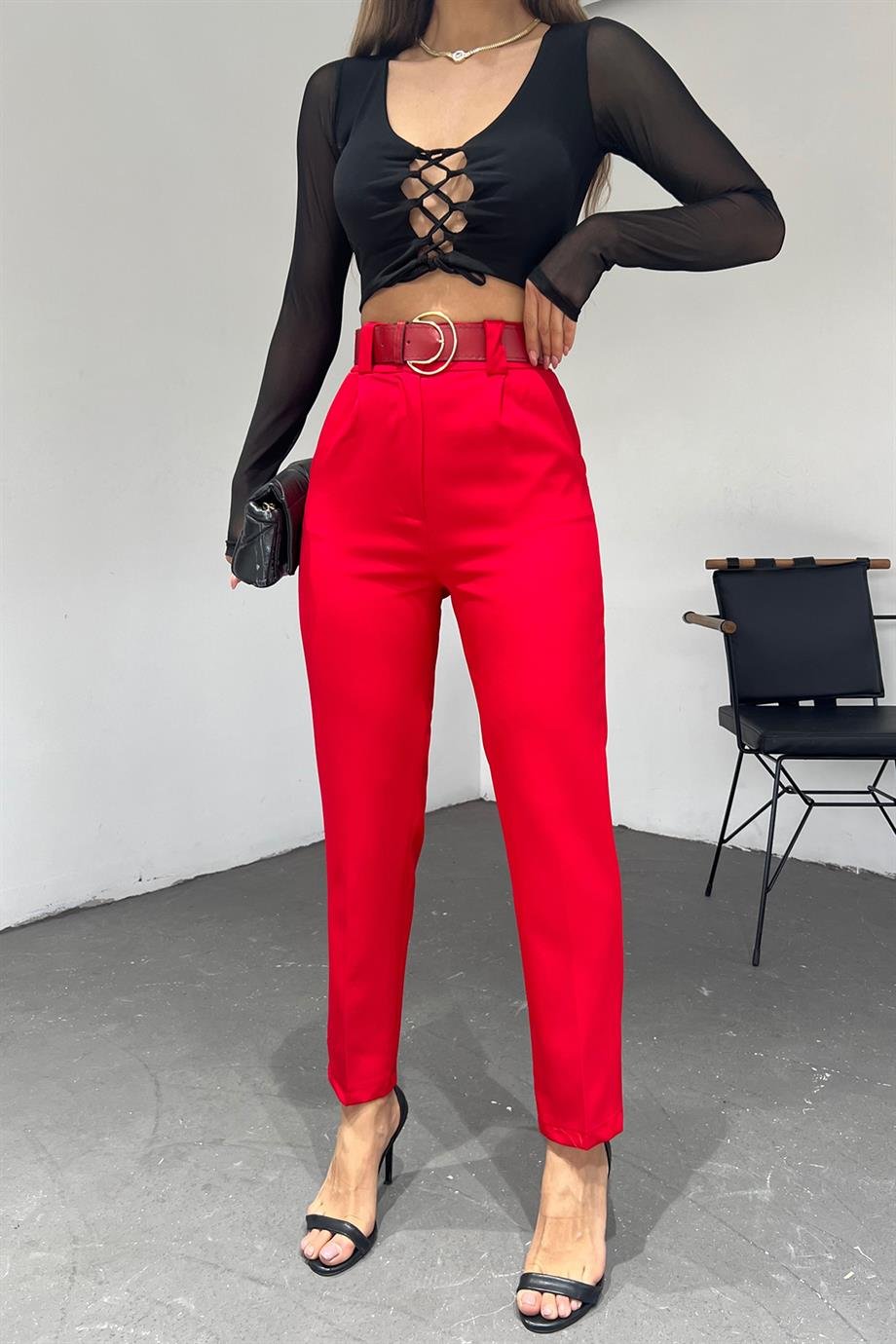 Hera Moda Kadın Kırmızı Double Paça O Kemer Pantolon
