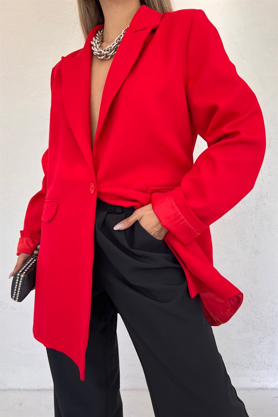 Hera Moda Kadın Kırmızı Oversize Blazer Ceket