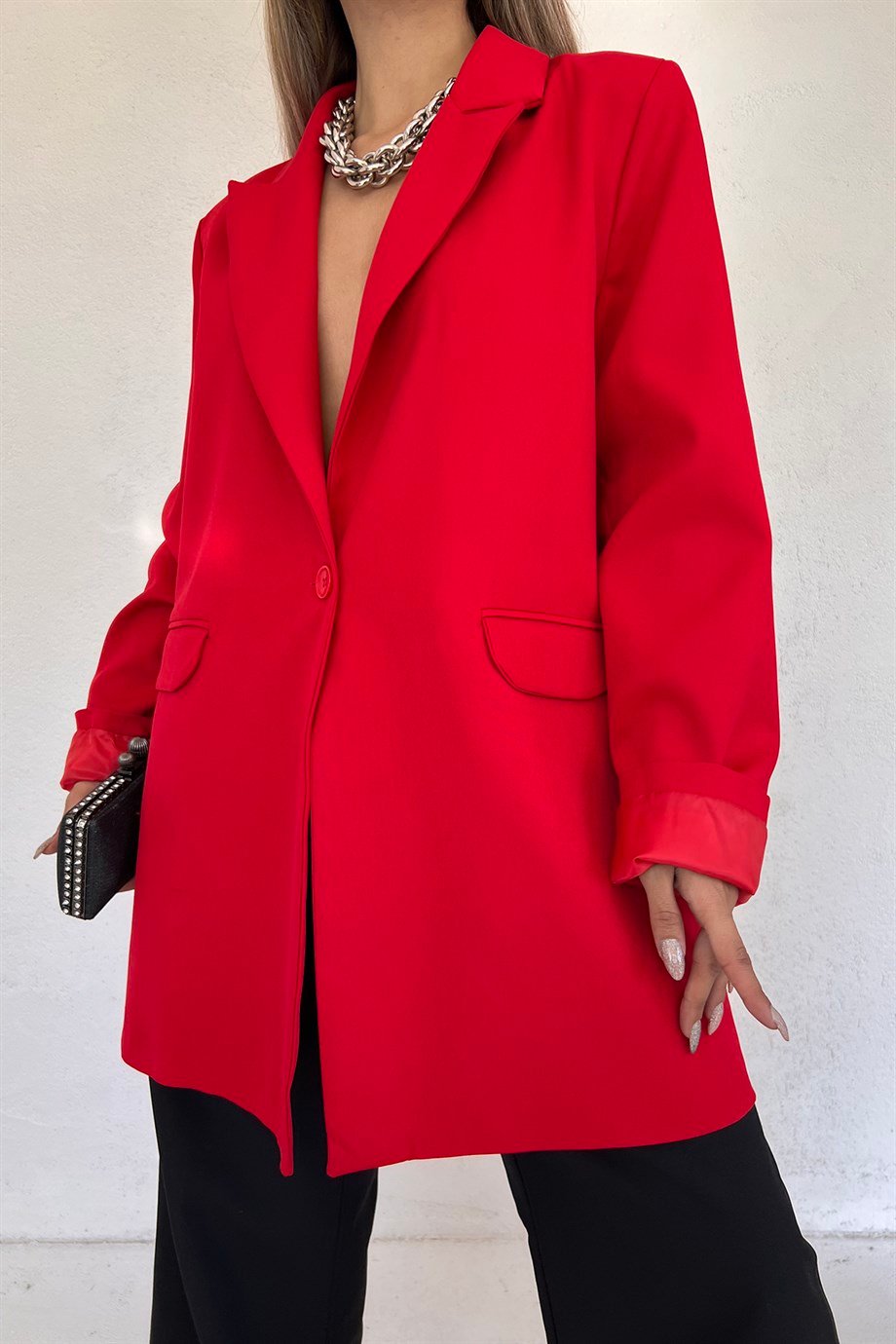 Hera Moda Kadın Kırmızı Oversize Blazer Ceket