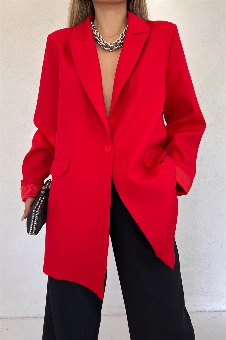 Hera Moda Kadın Kırmızı Oversize Blazer Ceket