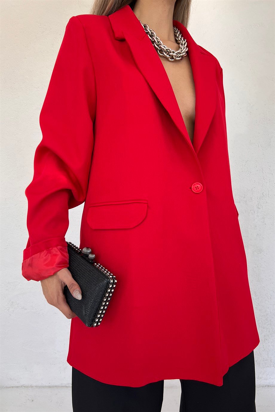 Hera Moda Kadın Kırmızı Oversize Blazer Ceket