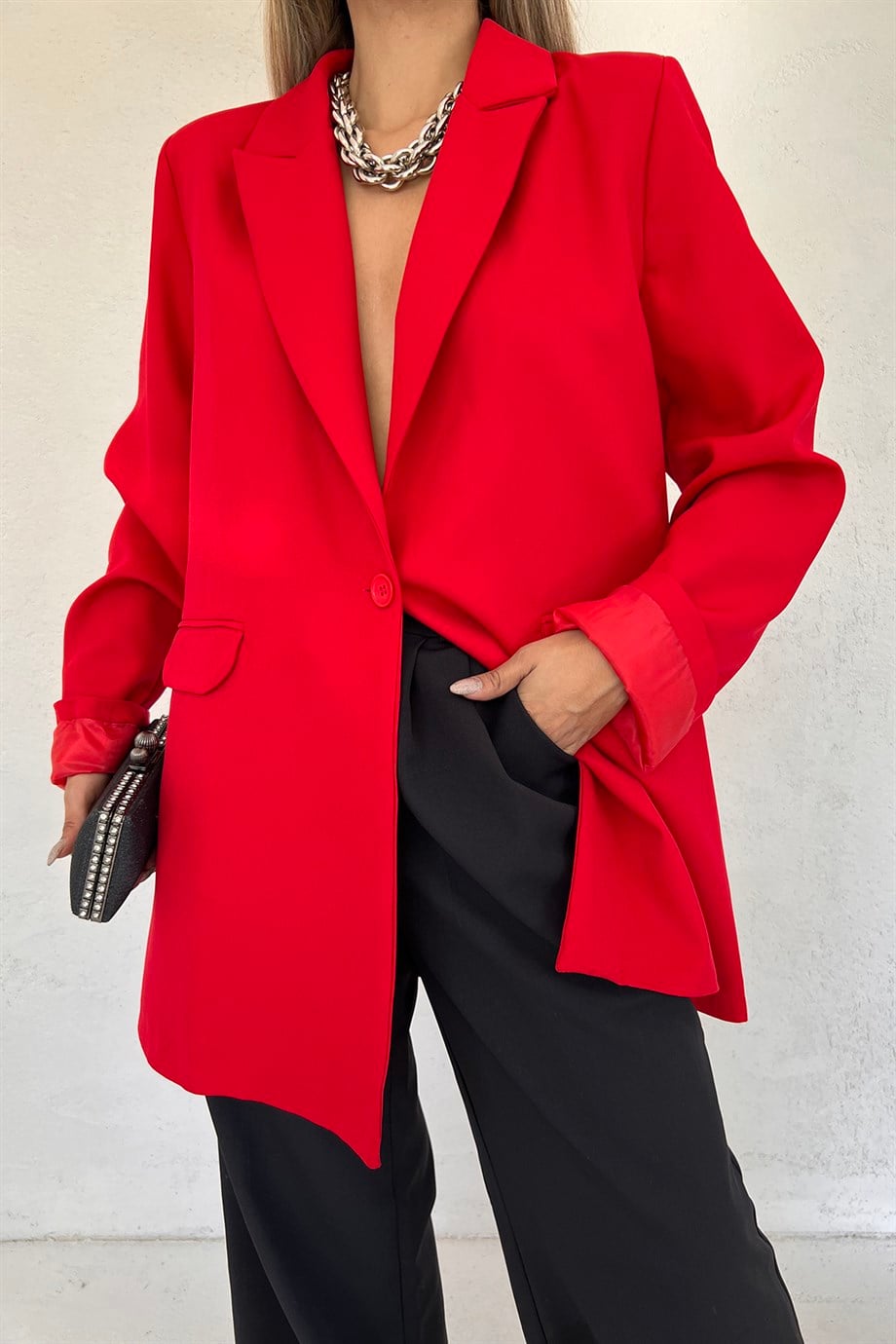 Hera Moda Kadın Kırmızı Oversize Blazer Ceket