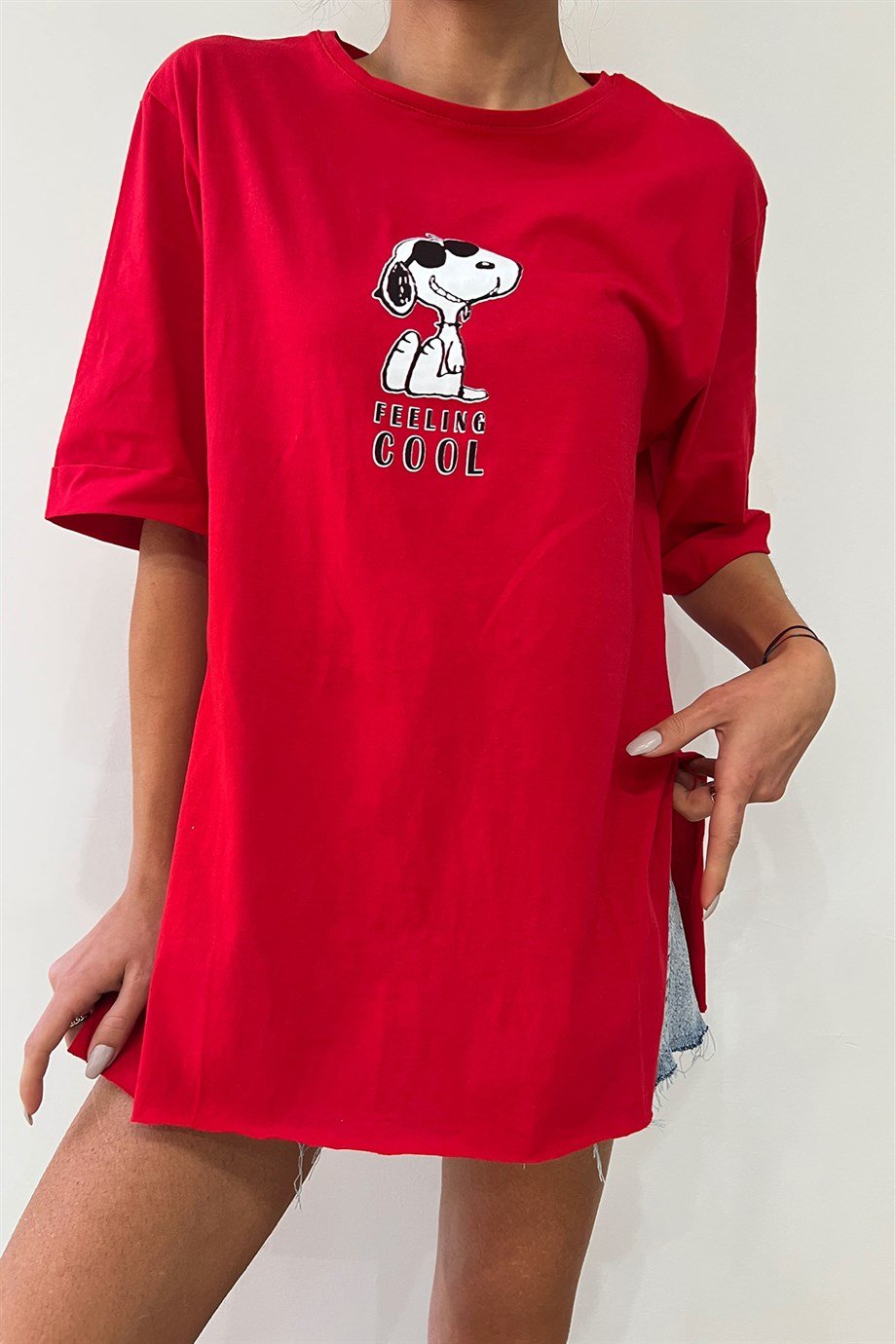 Hera Moda Kadın Kırmızı Snoopy Baskılı Oversize Tshirt