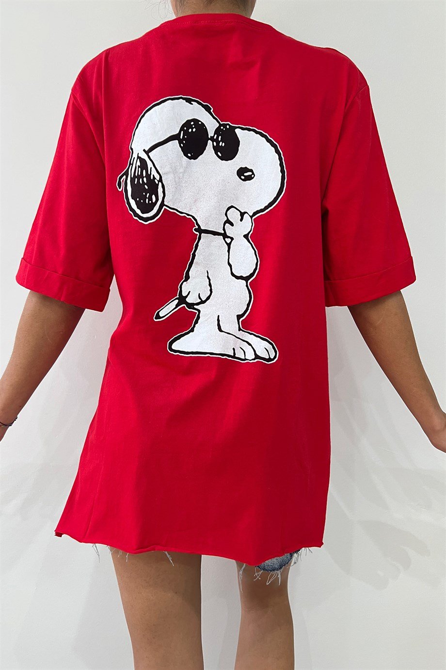 Hera Moda Kadın Kırmızı Snoopy Baskılı Oversize Tshirt