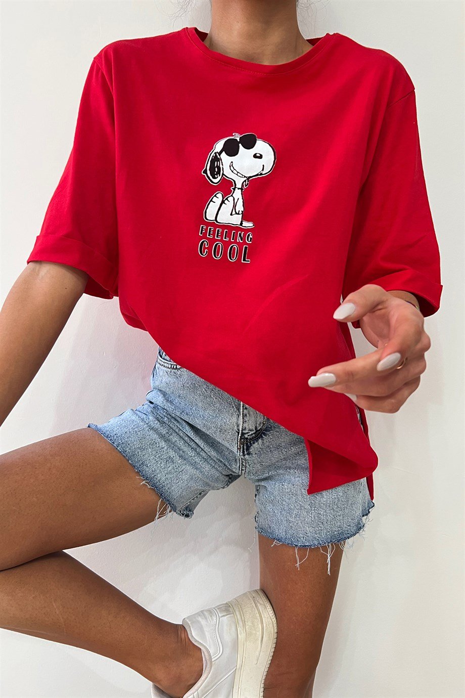 Hera Moda Kadın Kırmızı Snoopy Baskılı Oversize Tshirt