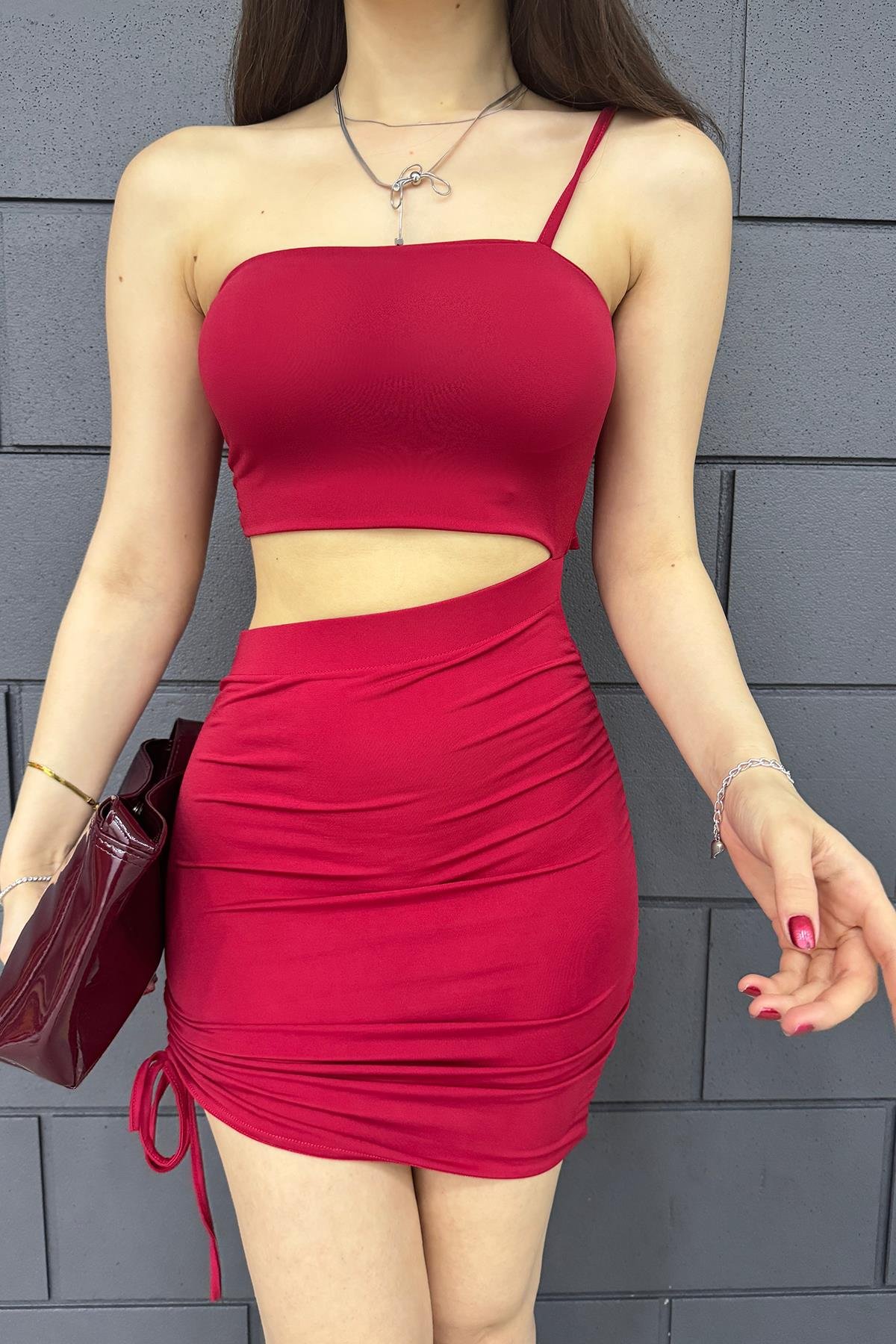 Hera Moda Kadın Kırmızı Tek Kol Askılı Transparan Elbise