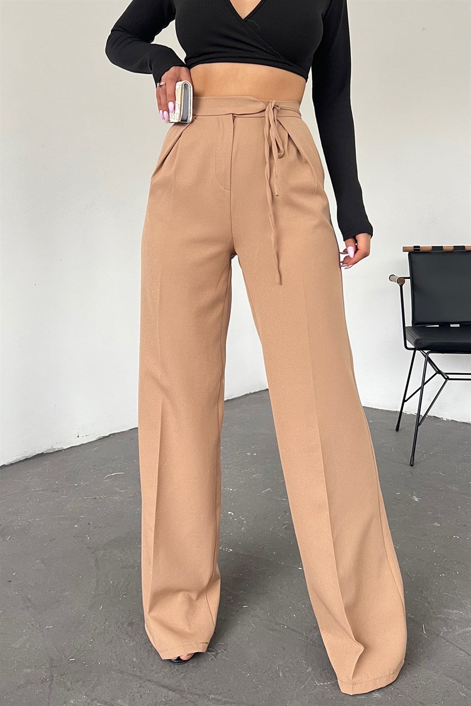 Hera Moda Kadın Krem Beli Bağlamalı Pallazzo Kumaş Pantolon