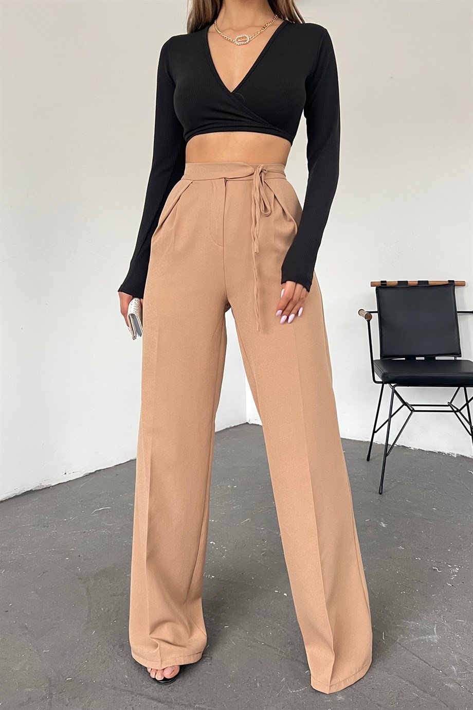 Hera Moda Kadın Krem Beli Bağlamalı Pallazzo Kumaş Pantolon