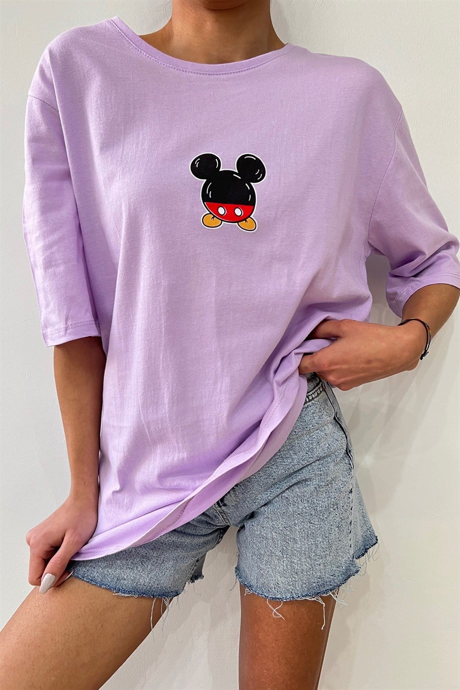 Hera Moda Kadın Mickey Mouse Lila Baskılı Oversize Tshirt