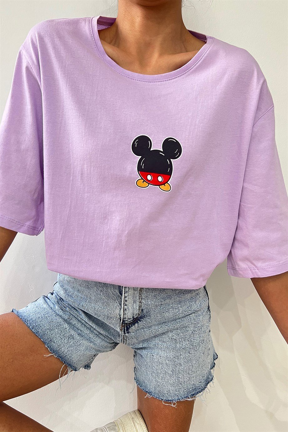 Hera Moda Kadın Mickey Mouse Lila Baskılı Oversize Tshirt