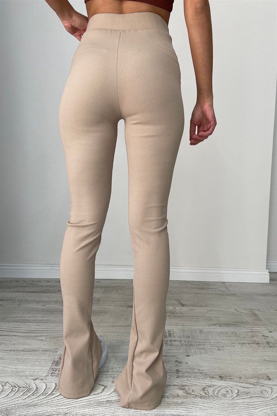 Hera Moda Kadın Paçası Yırtmaçlı Fitilli Taş Rengi Tayt
