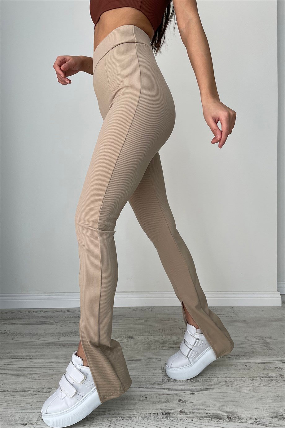 Hera Moda Kadın Paçası Yırtmaçlı Fitilli Taş Rengi Tayt