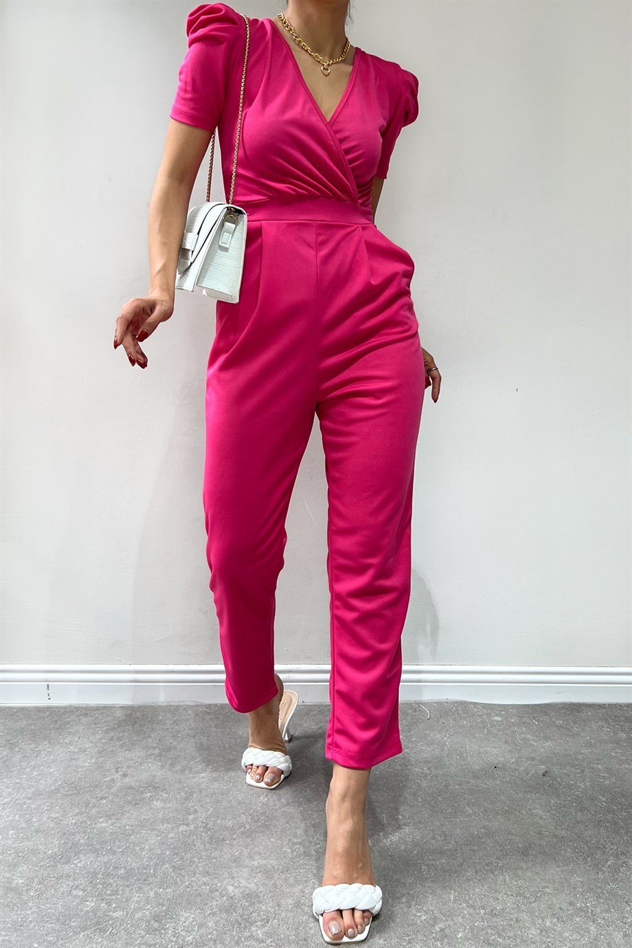 Hera Moda Kadın Pembe Kısa Kollu Tulum