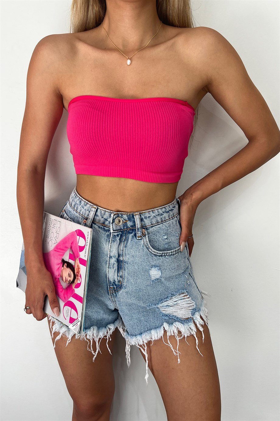 Hera Moda Kadın Pembe Straplez Crop