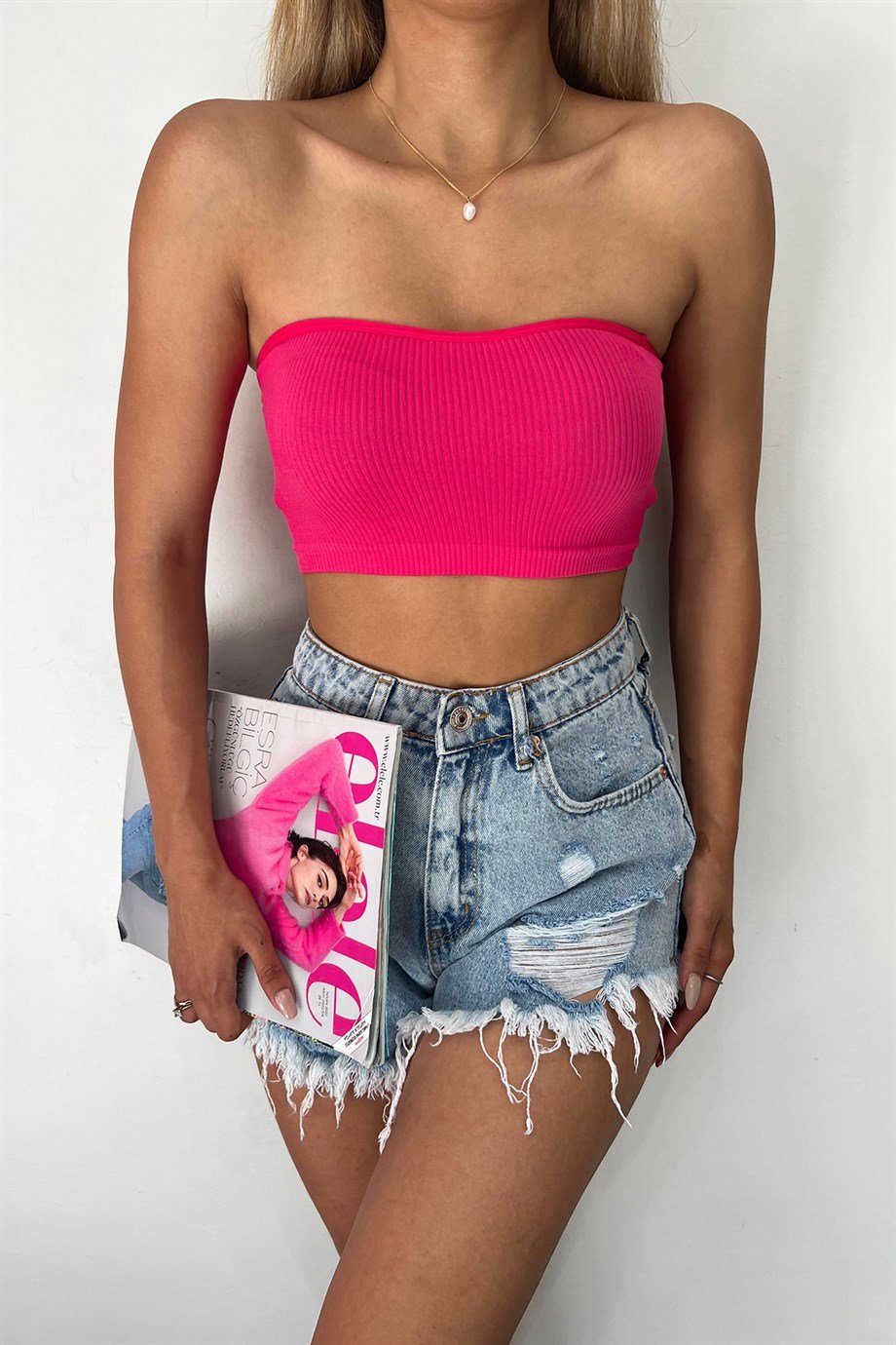 Hera Moda Kadın Pembe Straplez Crop