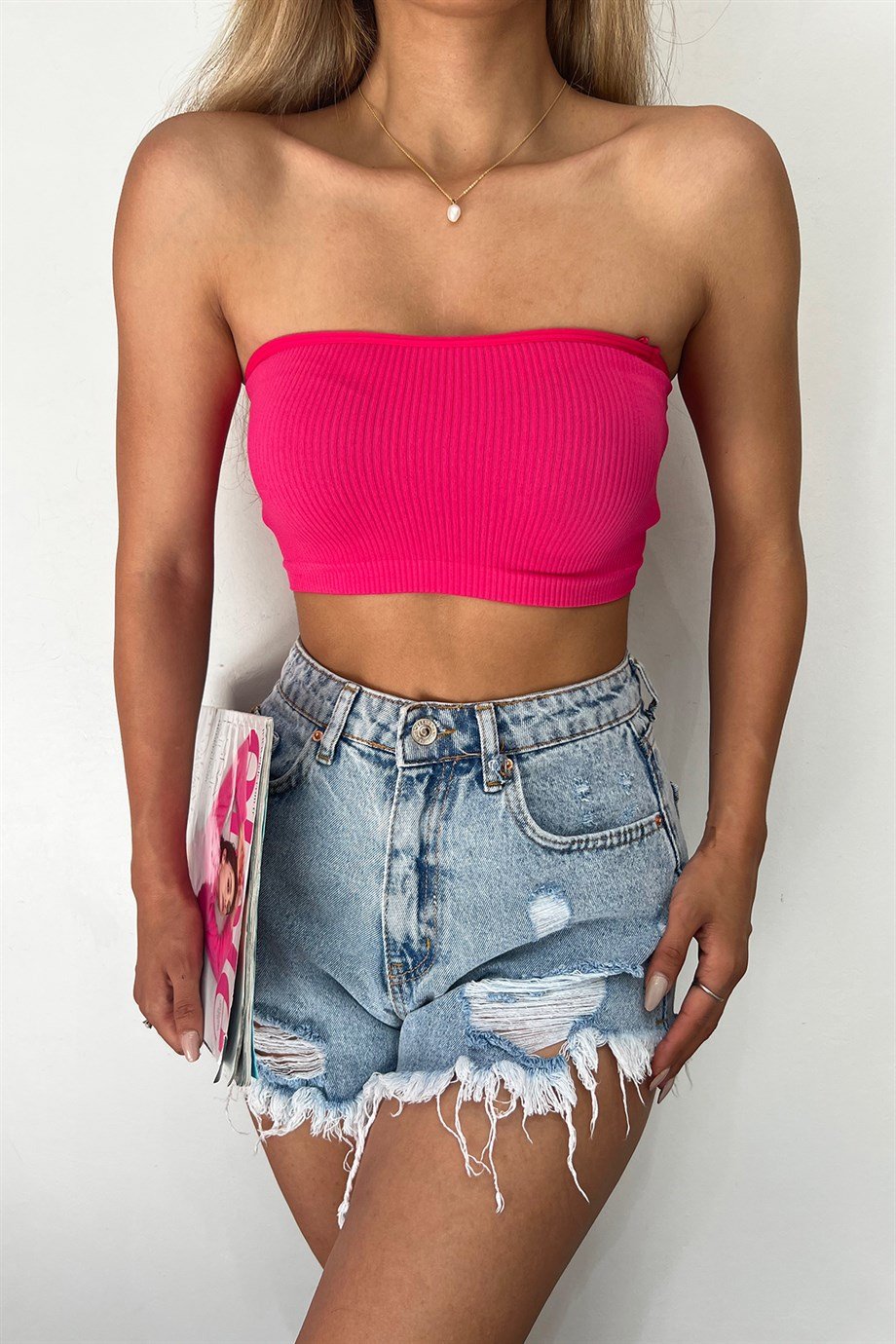 Hera Moda Kadın Pembe Straplez Crop