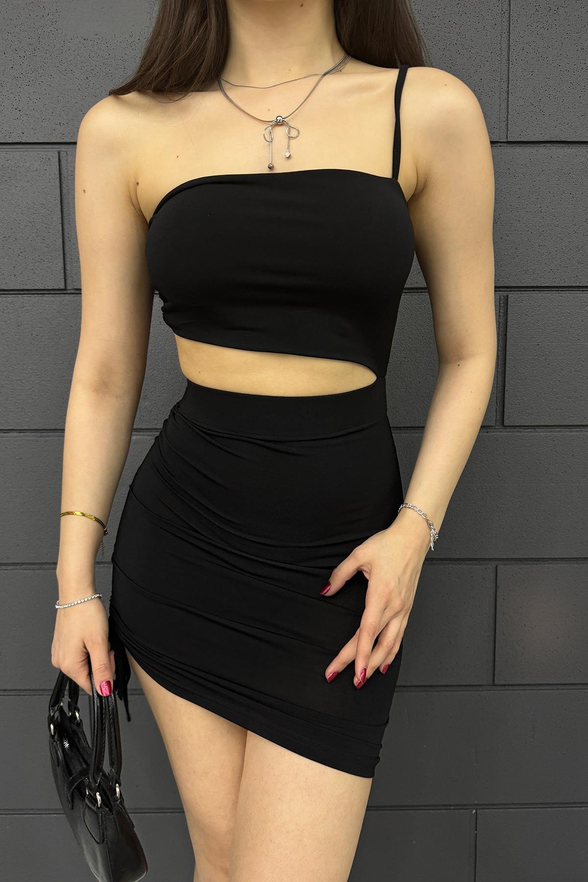 Hera Moda Kadın Siyah Tek Kol Askılı Transparan Elbise