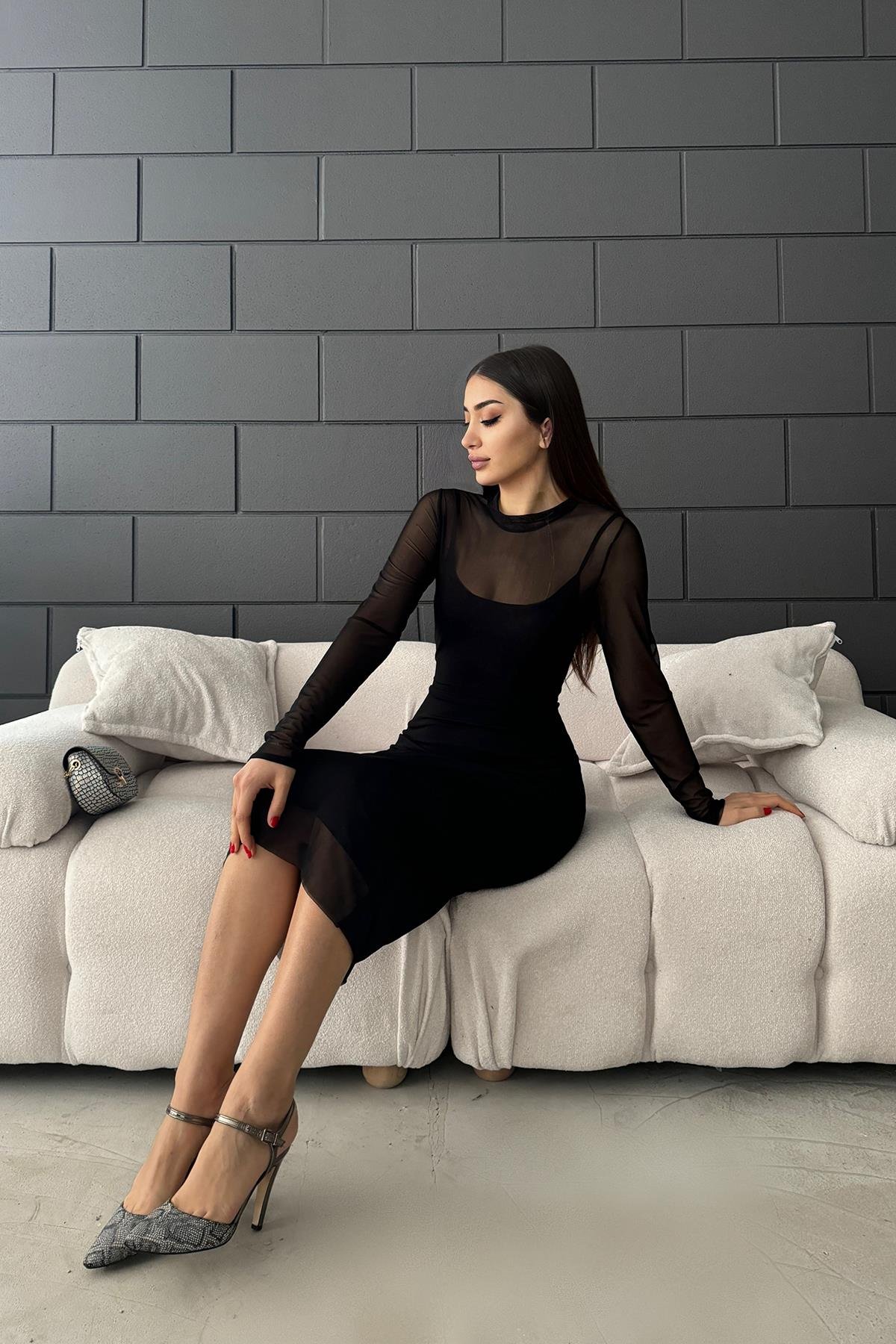 Hera Moda Kadın Siyah Uzun Kol Tül Elbise