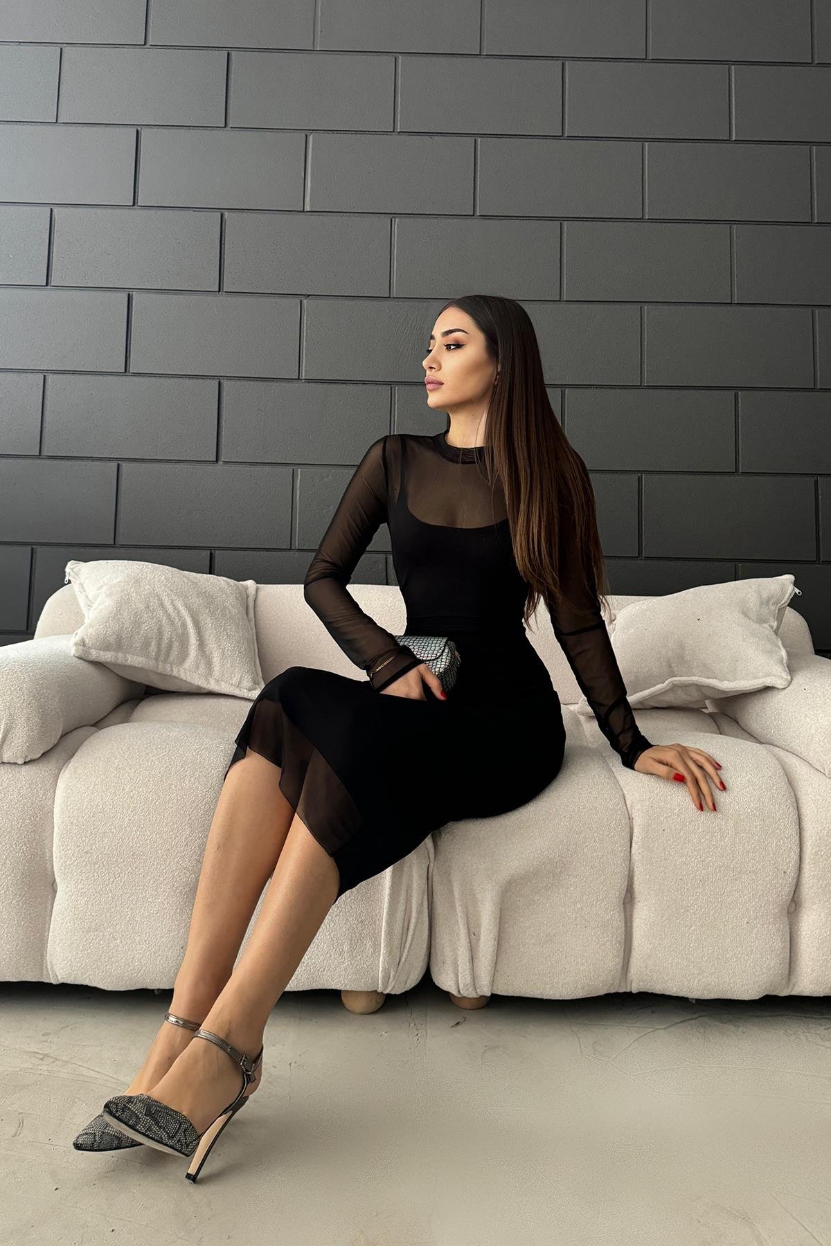 Hera Moda Kadın Siyah Uzun Kol Tül Elbise