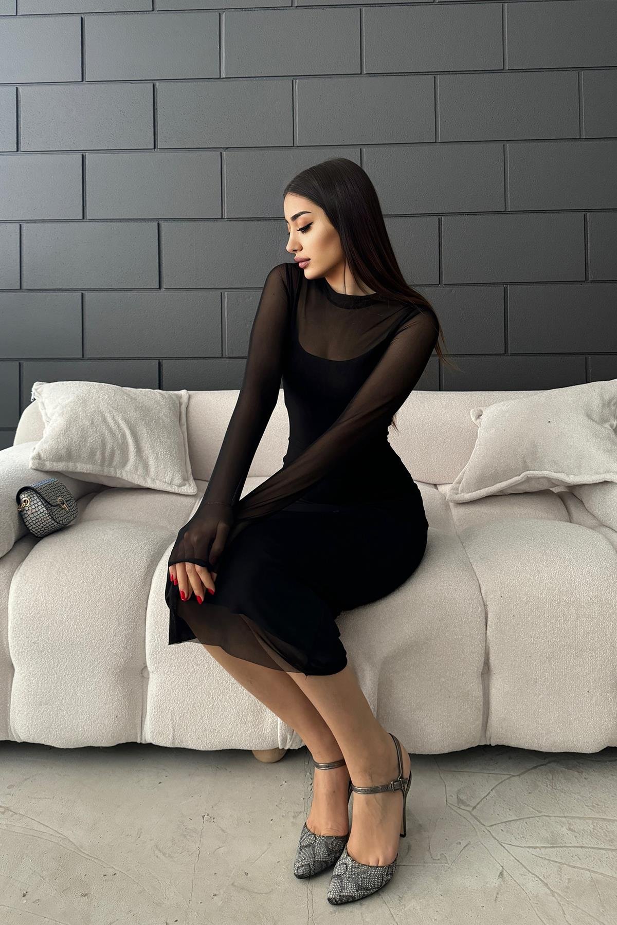 Hera Moda Kadın Siyah Uzun Kol Tül Elbise